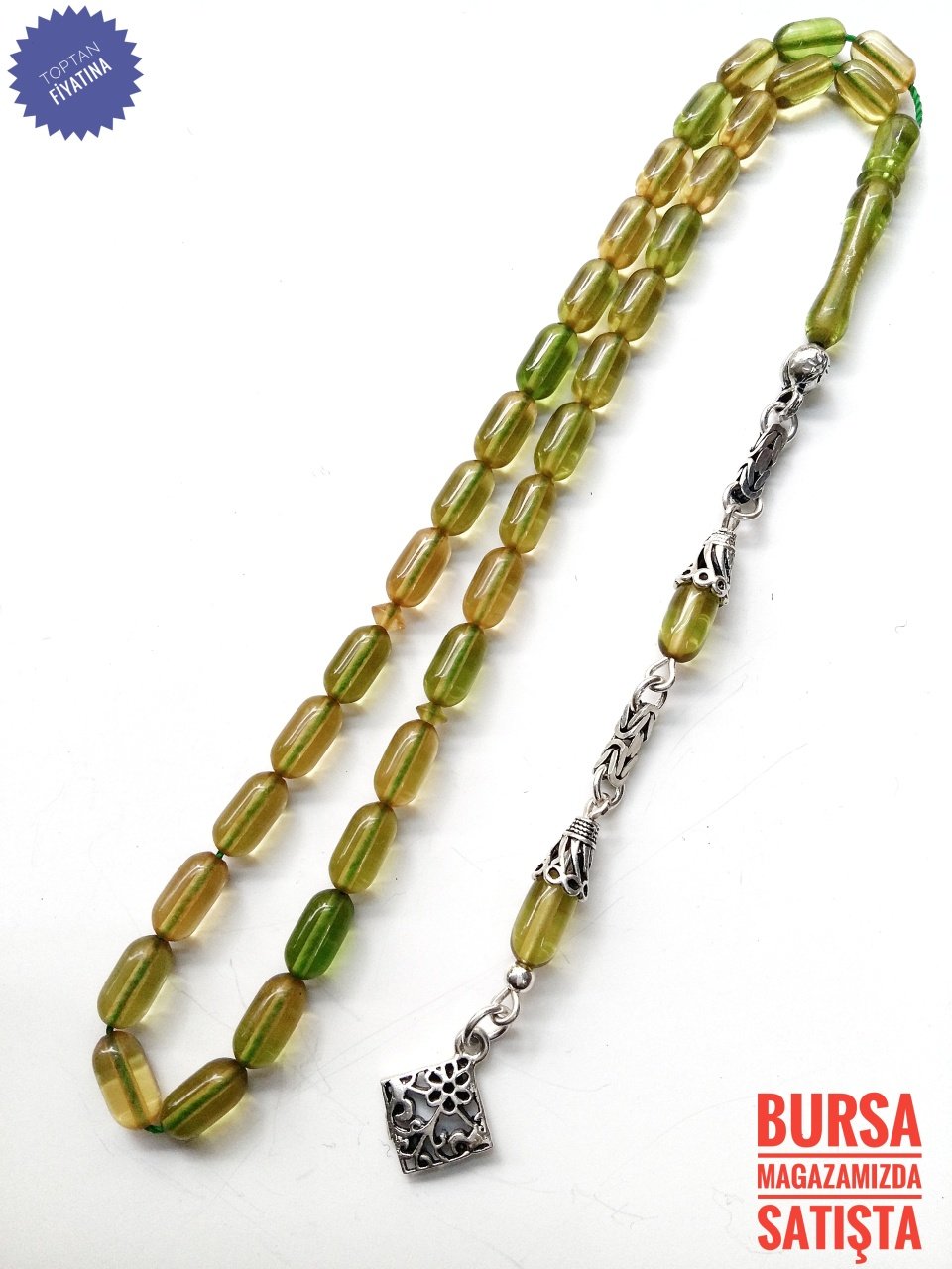 925 Ayar Gümüş Püsküllü Kapsül Kesim Sıkma Kehribar Tesbih