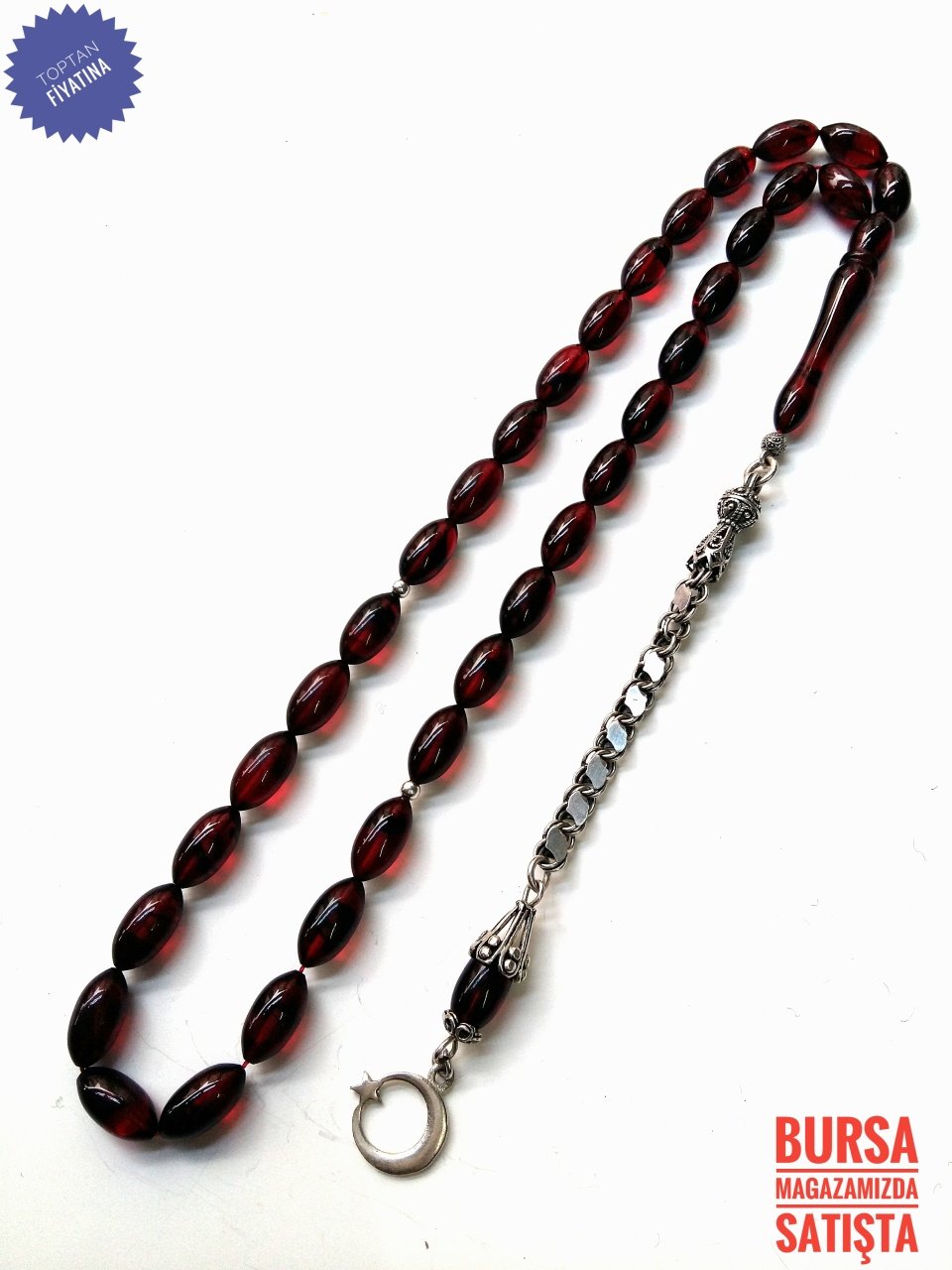 925 Ayar Gümüş Püsküllü Hareli Sıkma Kehribar Tesbih