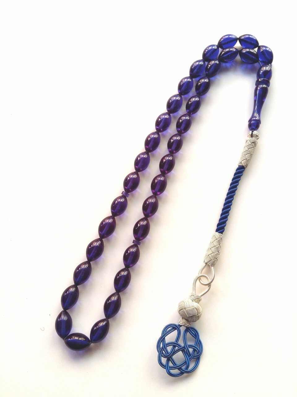 Kazaz Püsküllü Parlament Mavisi Sıkma Kehribar Tesbih