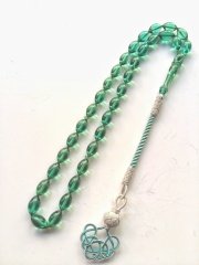 Kazaz Püsküllü Su Yeşili Beyzi Kesim Sıkma Kehribar Tesbih