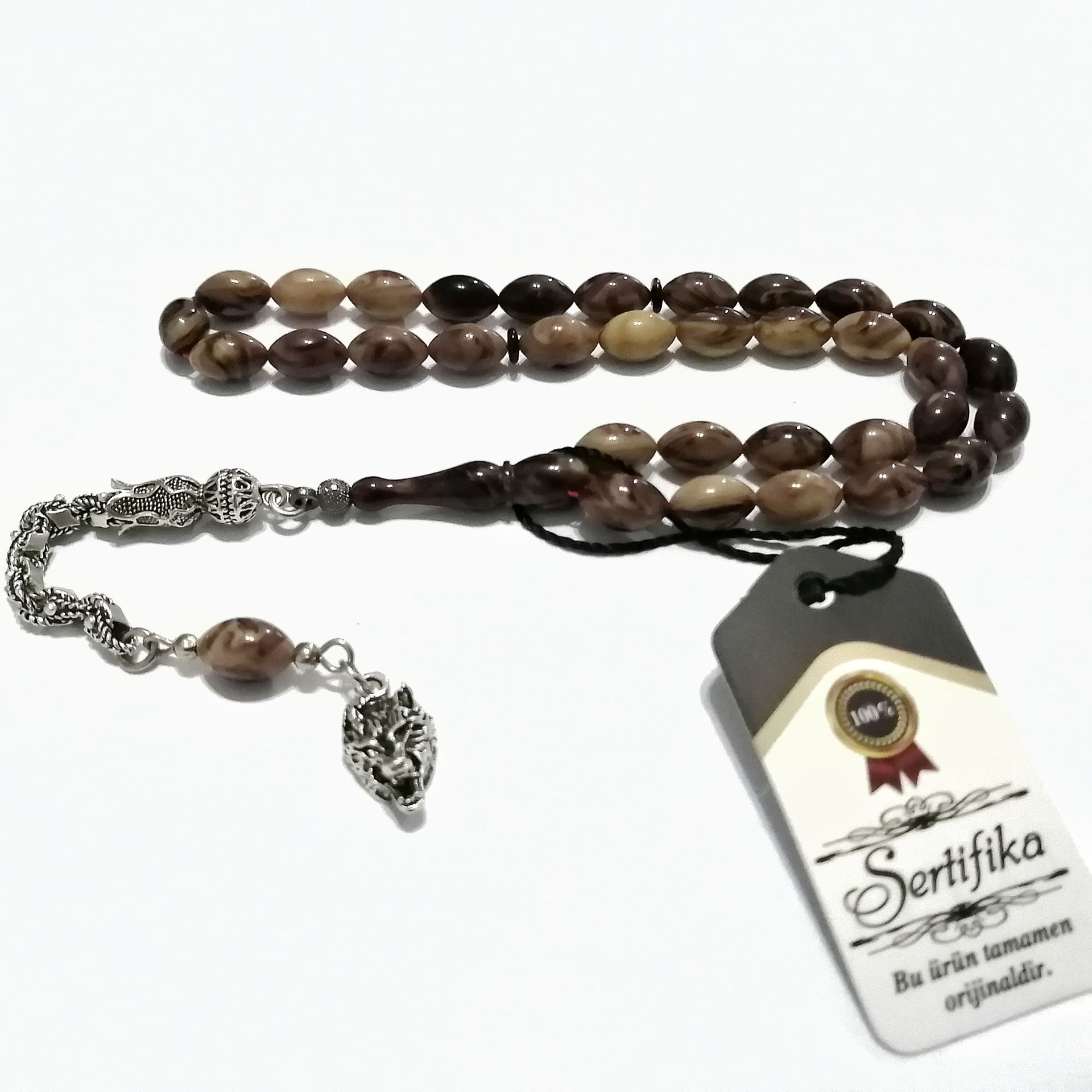 Gümüş Kaplama Alpaka Püsküllü Beyzi Kesim Sıkma Kehribar Tesbih