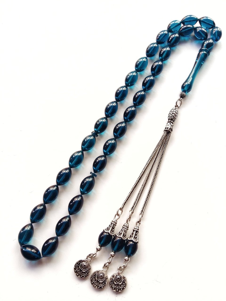 925 Ayar Gümüş Püsküllü Parlement Mavisi Sıkma Kehribar Tesbih