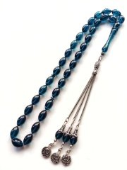 925 Ayar Gümüş Püsküllü Parlement Mavisi Sıkma Kehribar Tesbih