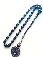 Kazaz Püsküllü Parlament Mavisi Sıkma Kehribar Tesbih