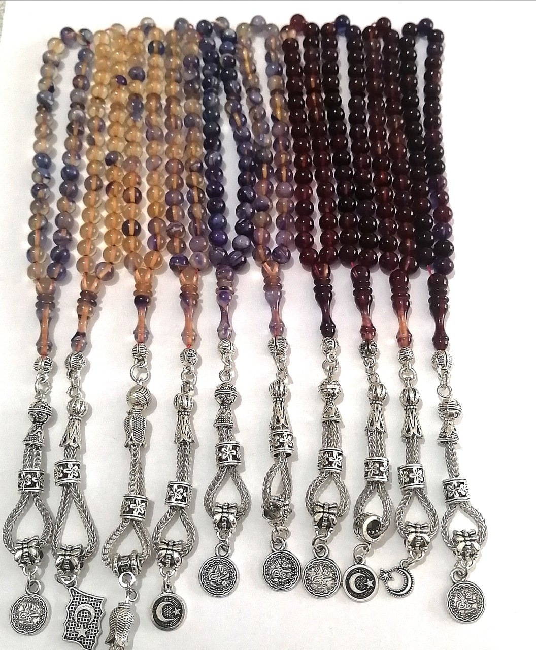 Alpaka Püsküllü Küre Kesim Burokrat Boy 10 lu lot Sıkma Kehribar Tesbih