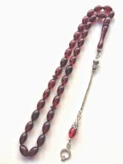 925 Ayar Gümüş Püsküllü Bordo Hareli Sıkma Kehribar Tesbih