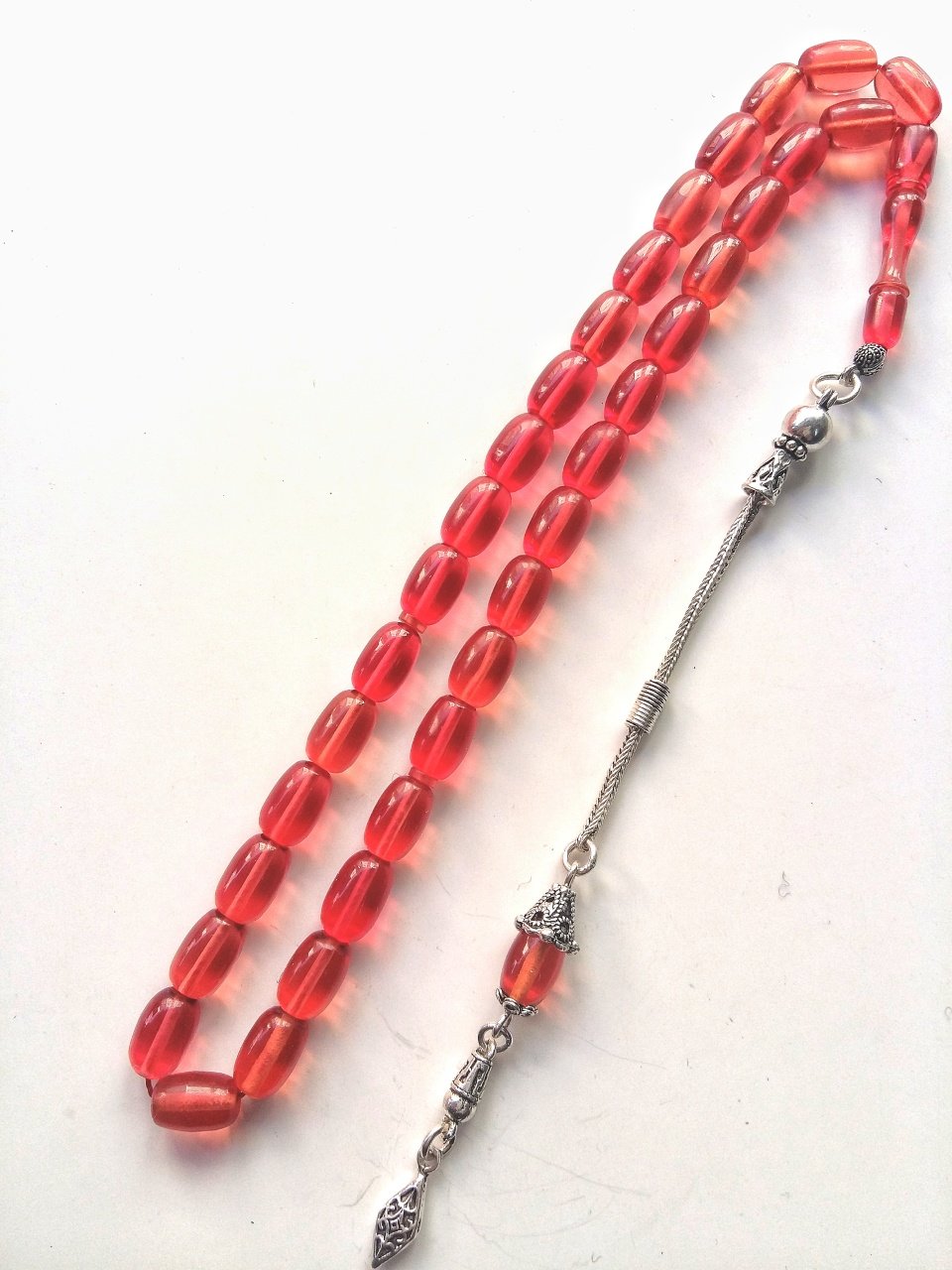 925 Ayar Gümüş Püsküllü Kapsül Kesim Sıkma Kehribar Tesbih