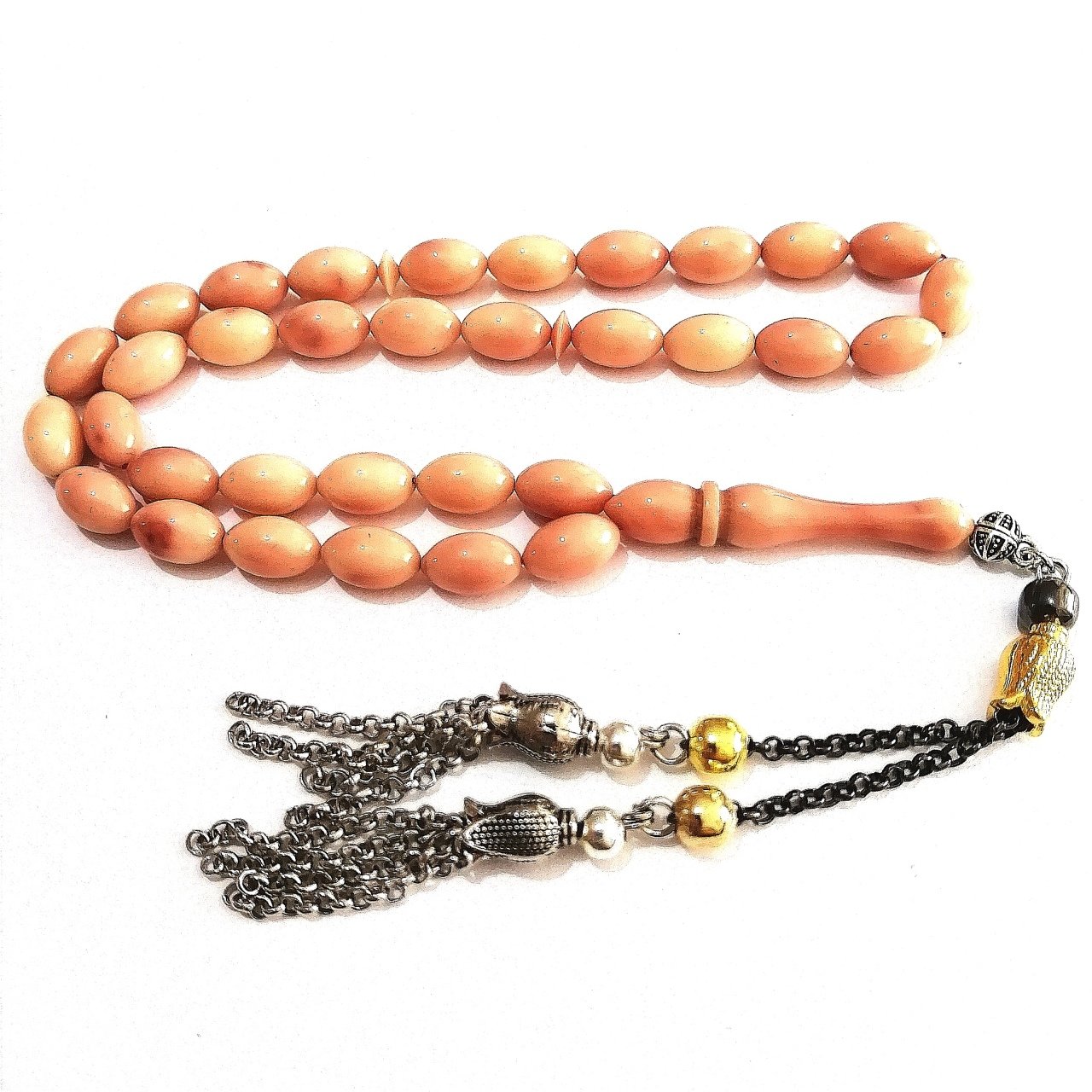 Alpaka Püsküllü Beyzi Kesim Sıkma Kehribar Tesbih