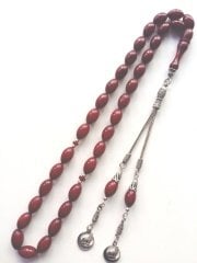 925 Ayar Gümüş Püsküllü Osmanlı Tadında Beyzi Kesim Sıkma Kehribar Tesbih