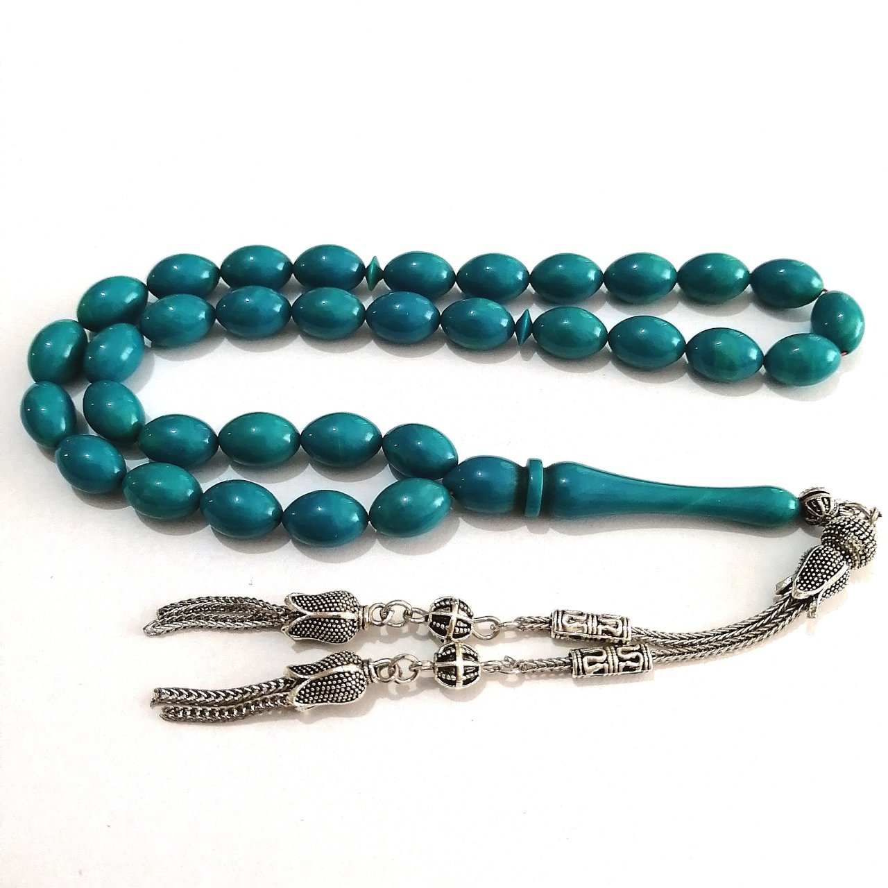 Alpaka Püsküllü Beyzi Kesim Sıkma Kehribar Tesbih