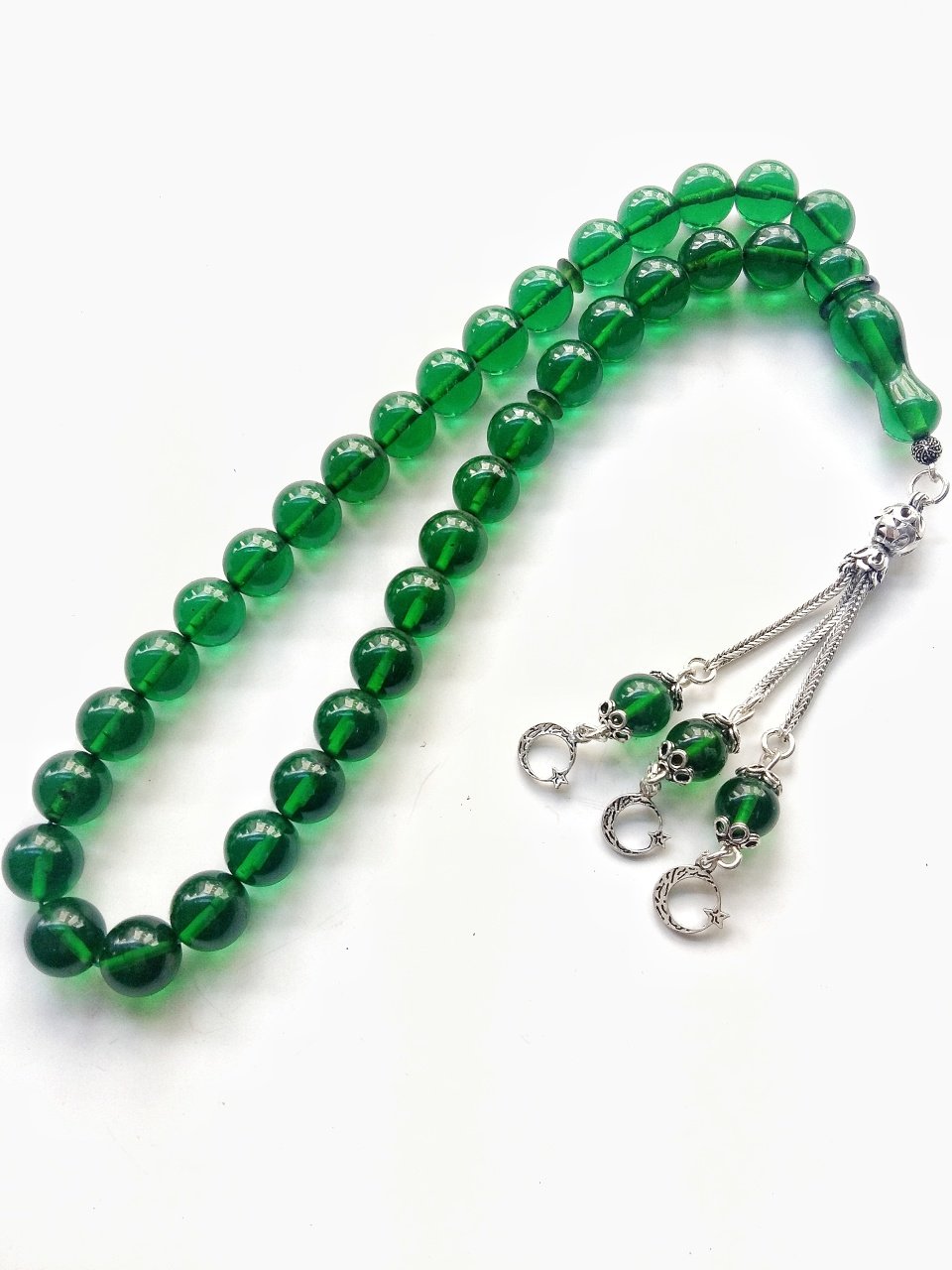 925 Ayar Gümüş Püsküllü Küre Kesim Türbe Yeşili Ateş Kehribar Tesbih