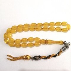 Alpaka Püsküllü Beyzi Kesim Sıkma Kehribar Tesbih