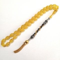 Alpaka Püsküllü Beyzi Kesim Sıkma Kehribar Tesbih