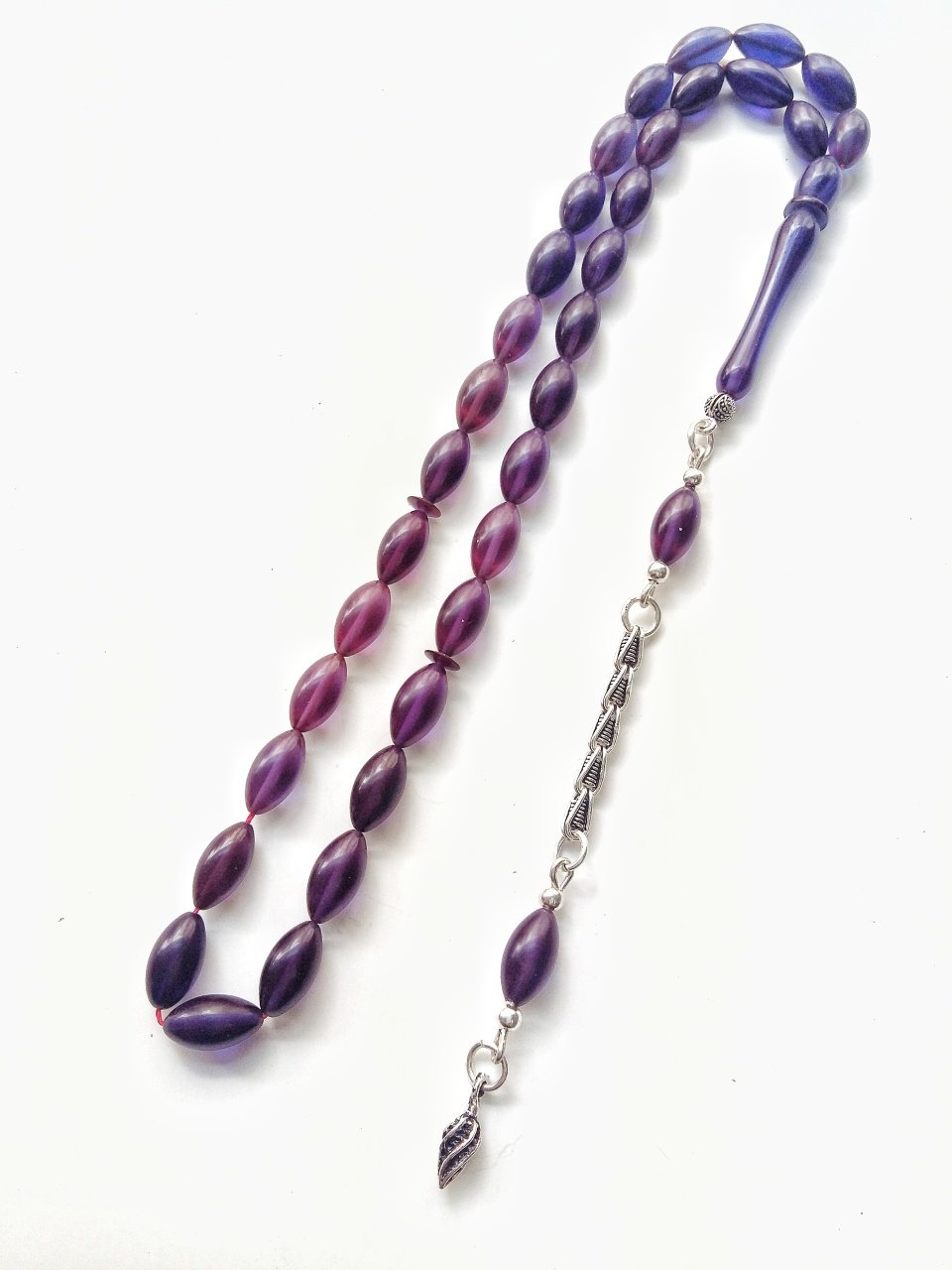 925 Ayar Gümüş Püsküllü Parlement Mavisi Yansımalı Çektikçe Parlayacak Sıkma Kehribar Tesbih