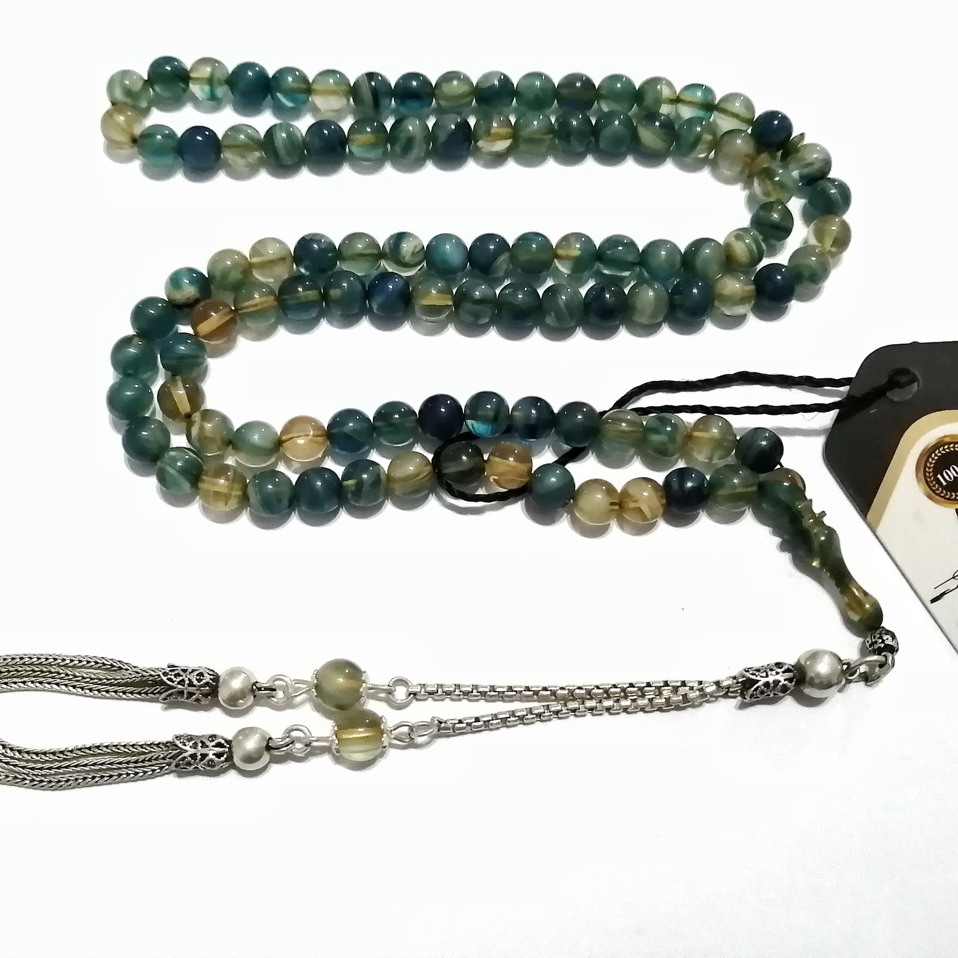 925 Ayar Gümüş Püsküllü Küre Kesim 99 luk Sıkma Kehribar Namaz Tesbihi