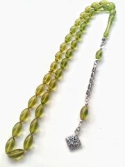 925 Ayar Gümüş Püsküllü Çimen Yeşili Çektikçe Parlayacak Sıkma Kehribar Tesbih