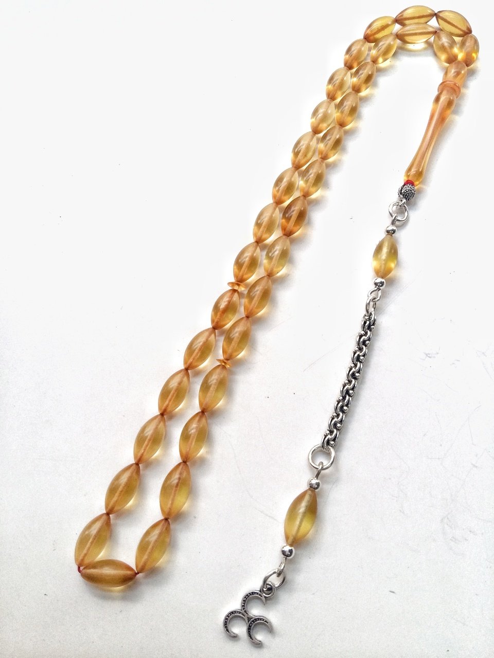 925 Ayar Gümüş Püsküllü Sarı Sıkma Kehribar Tesbih