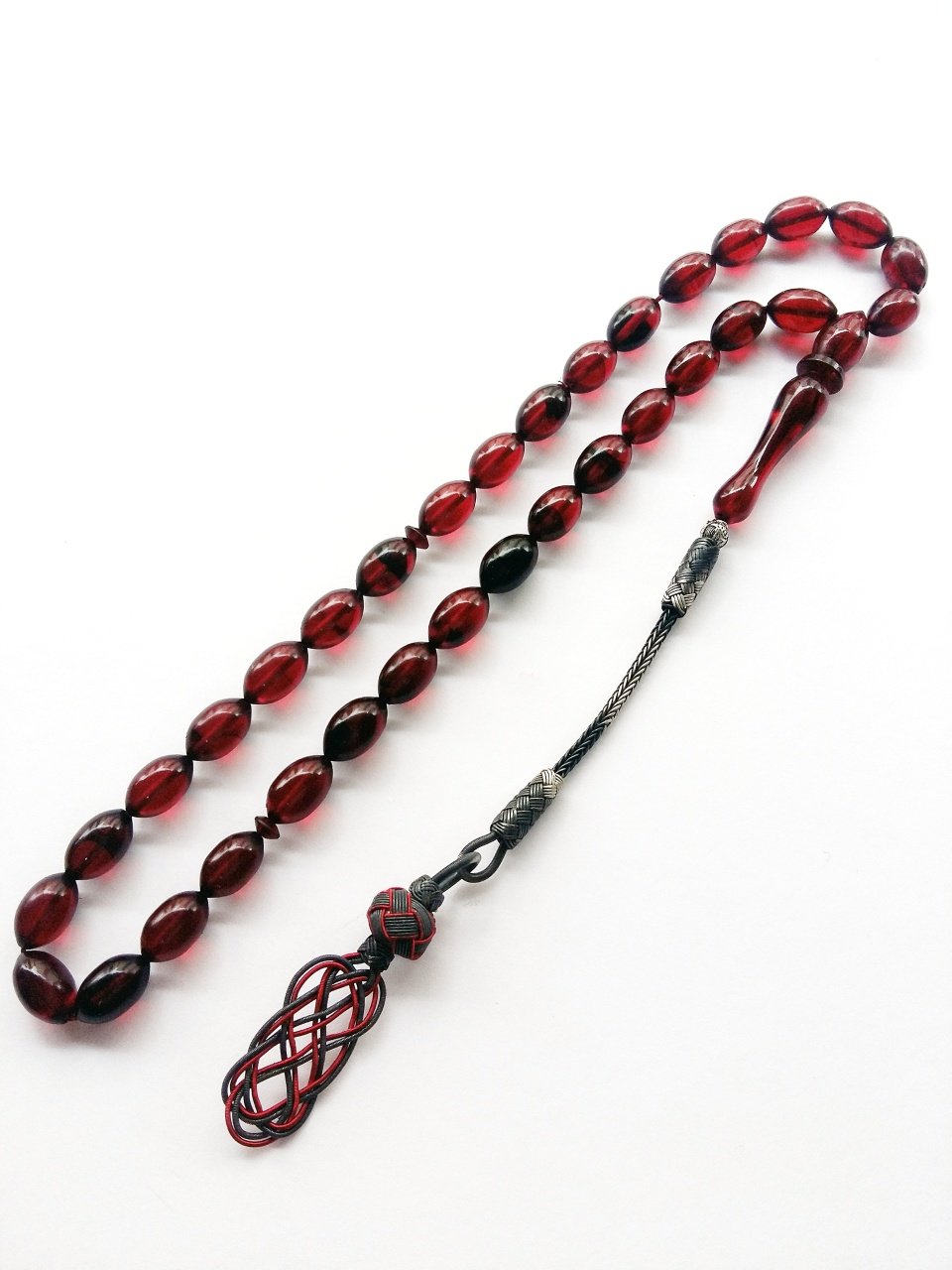 Kazaz Püsküllü Kırmızı Yansımalı Beyzi Kesim Sıkma Kehribar Tesbih