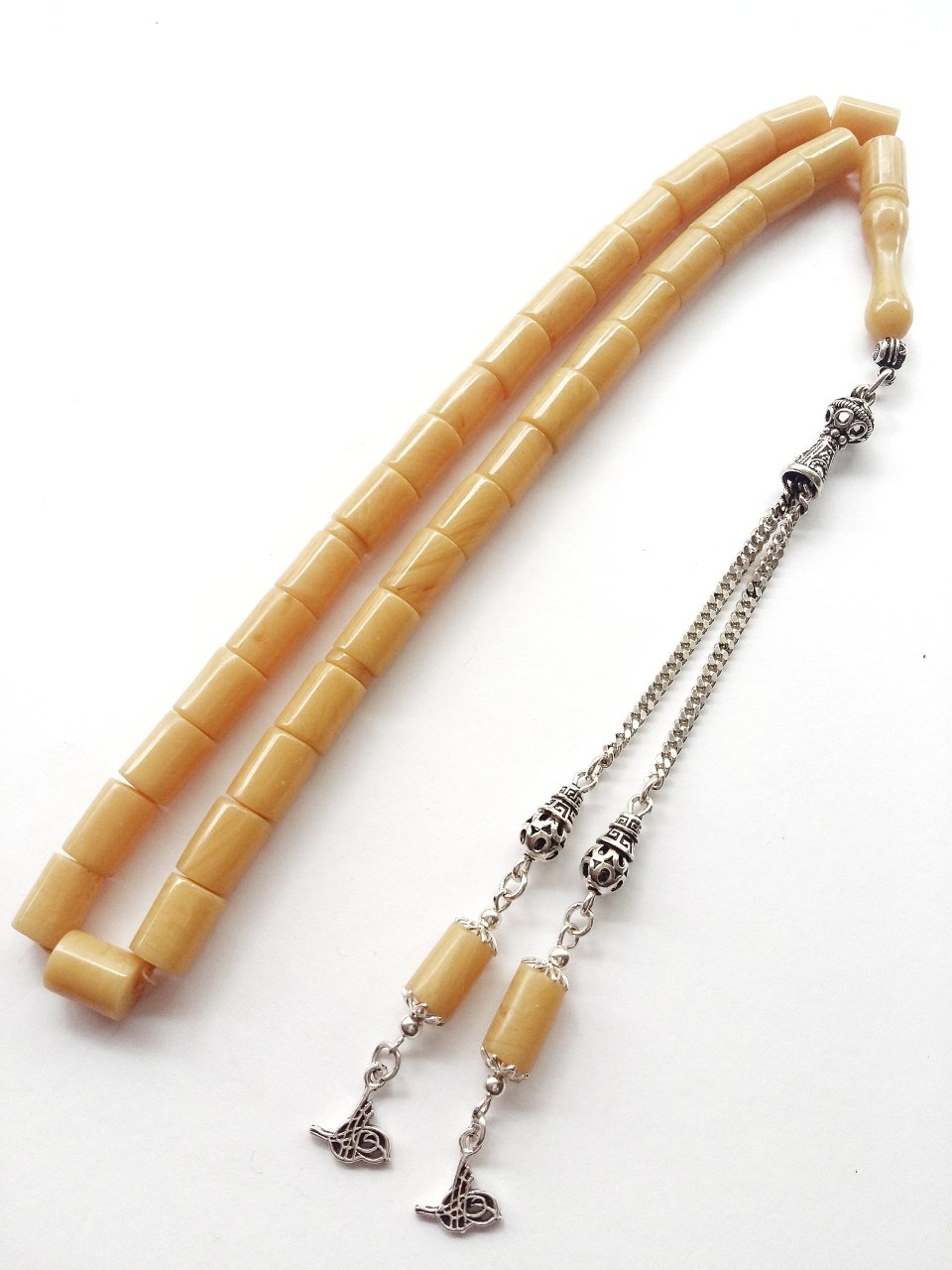 925 Ayar Gümüş Püsküllü Yoğun Hareli Sıkma Kehribar Tesbih