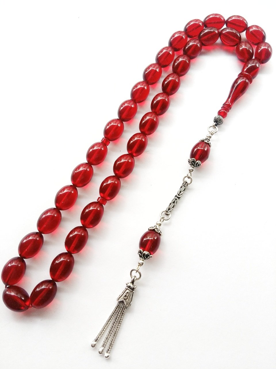 925 Ayar Gümüş Püsküllü Sıkma Kehribar Tesbih