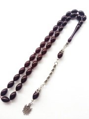 925 Ayar Gümüş Püsküllü Yoğun Hareli Sıkma Kehribar Tesbih