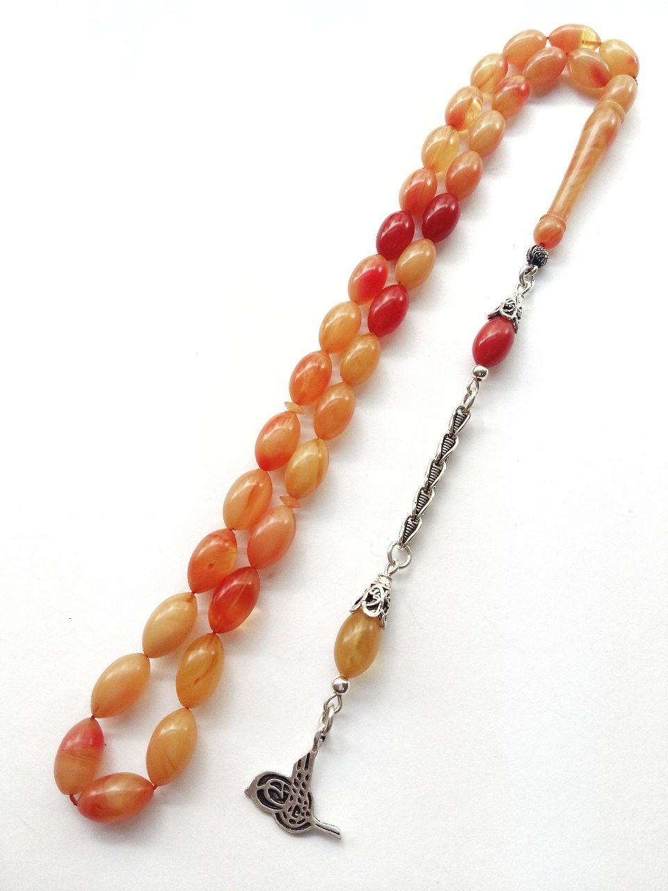 925 Ayar Gümüş Püsküllü Hareli Beyzi Kesim Sıkma Kehribar Tesbih