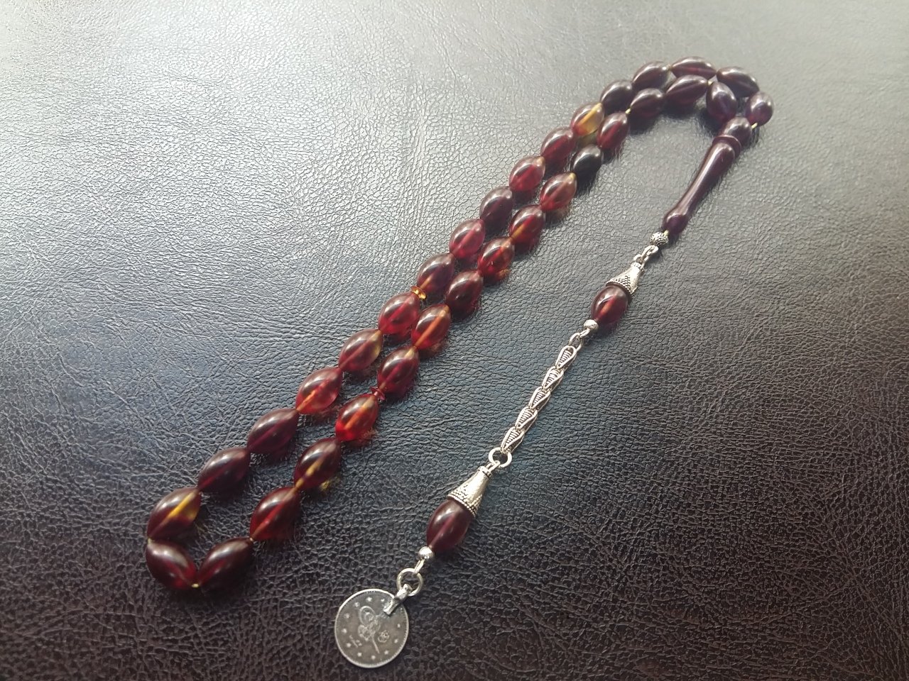 925 Ayar Gümüş Püsküllü Sıkma Kehribar Tesbih