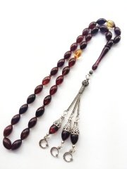 925 Ayar Gümüş Püsküllü Hareli Beyzi Kesim Sıkma Kehribar Tesbih