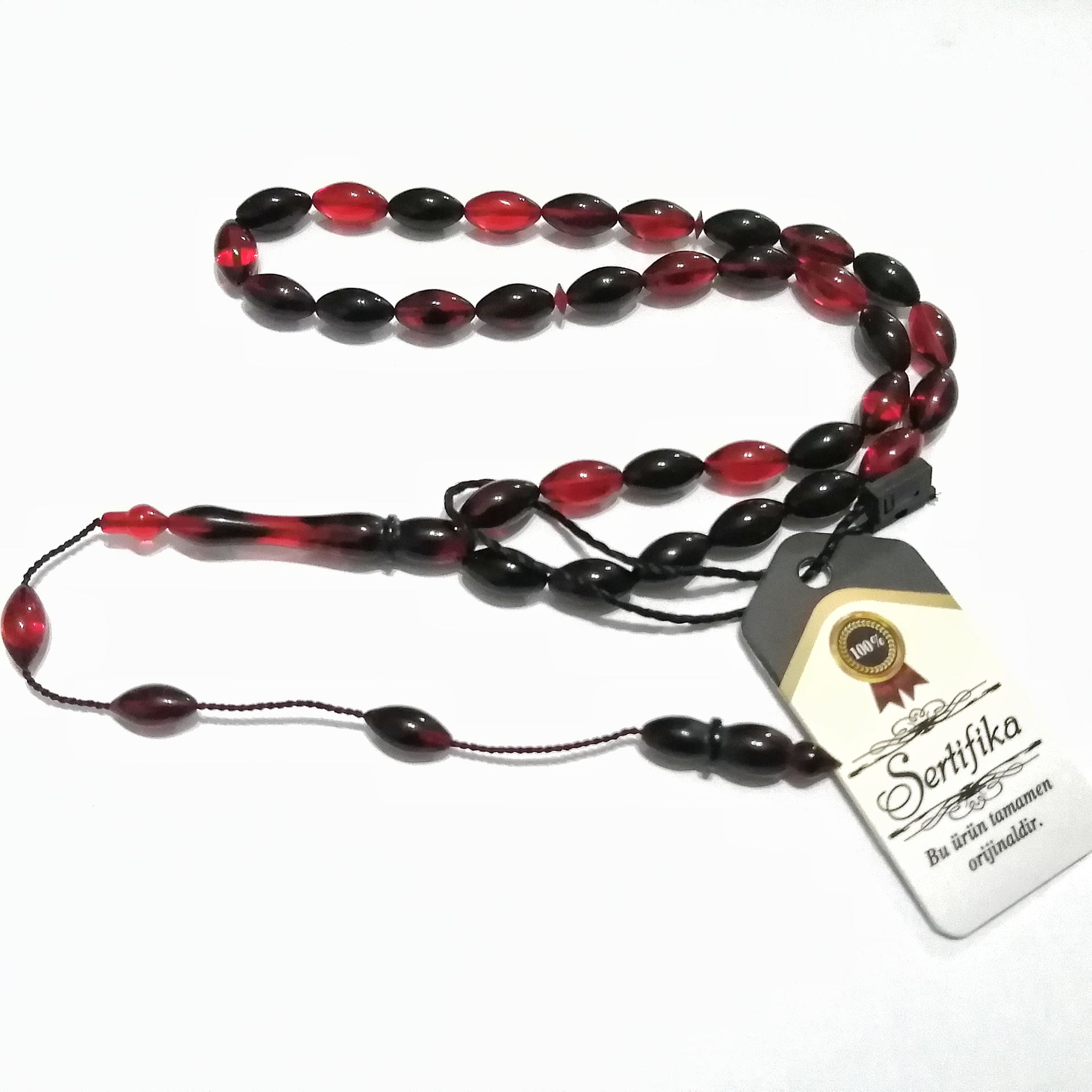 Sistem Püsküllü Beyzi Kesim Sıkma Kehribar Tesbih