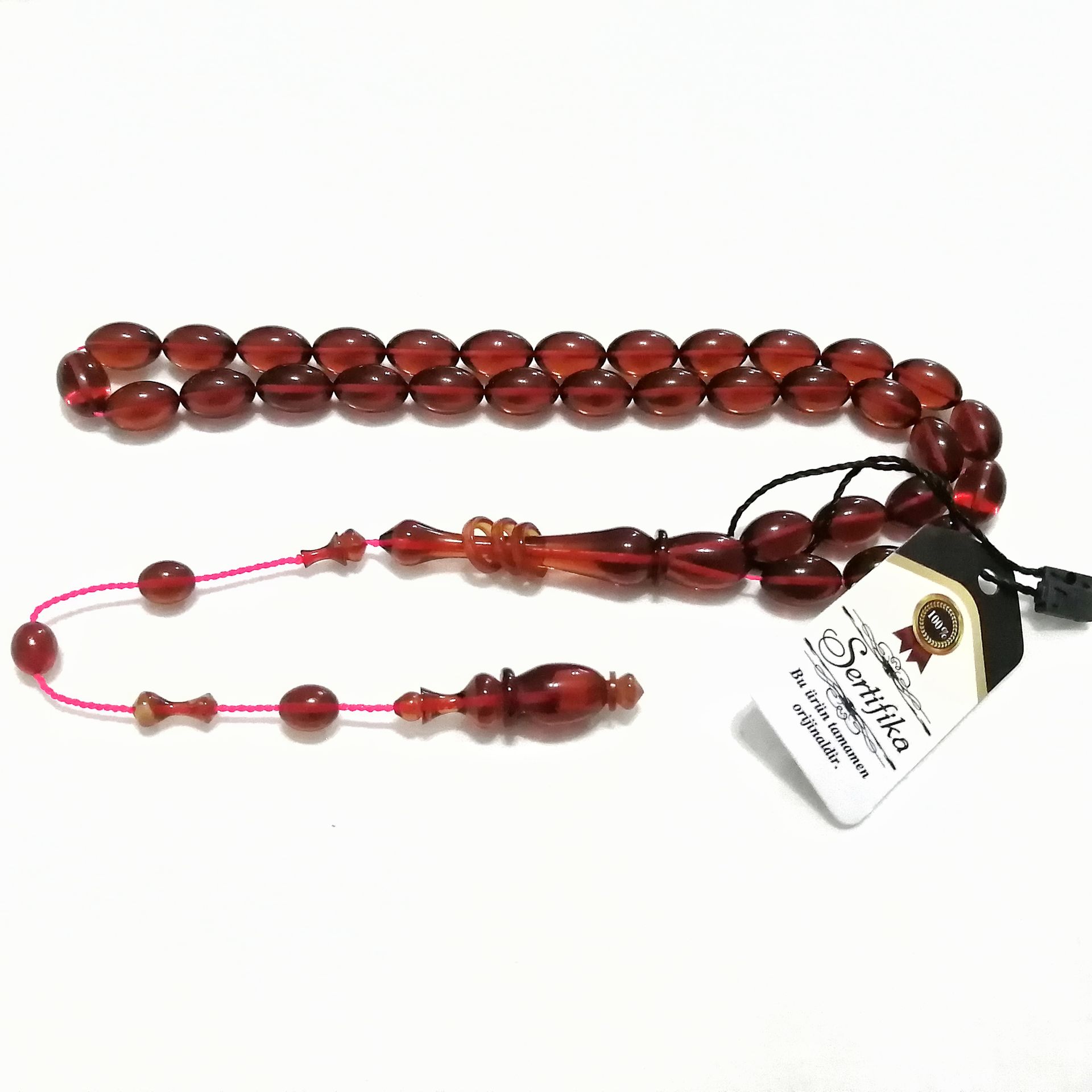 Sistem Püsküllü 06 Şeffaf Delim İmamesi Halkalı Hatasız Beyzi Kesim Ateş Kehribar Tesbih