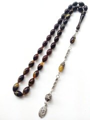 925 Ayar Gümüş Püsküllü Özel Tasarım Hareli Beyzi Kesim Sıkma Kehribar Tesbih