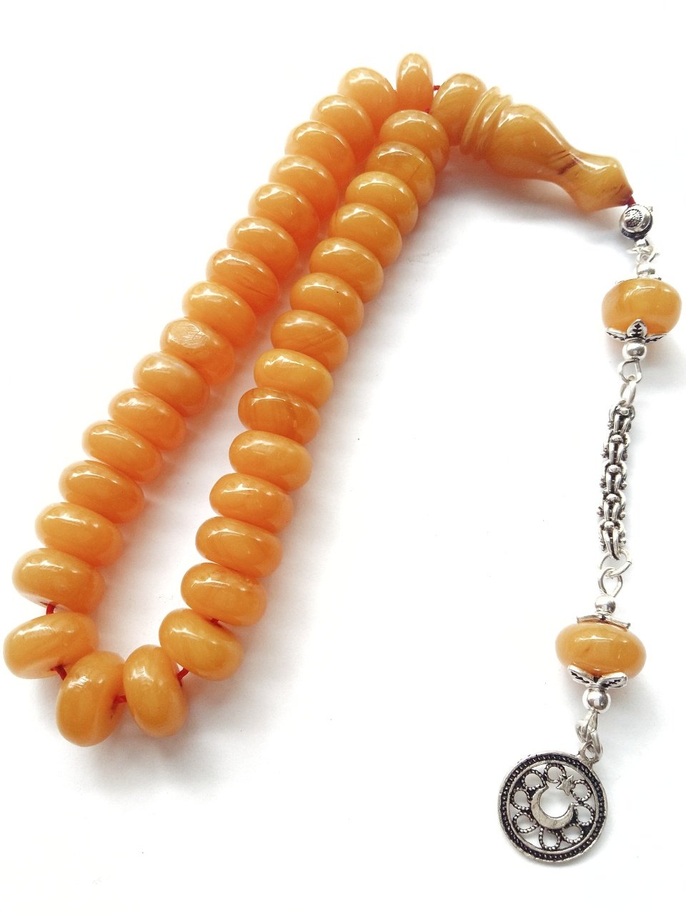 925 Ayar Gümüş Püsküllü Eskitme Model Birinci Kalite Malzemeden Yapılmış Hareli Sıkma Kehribar Tesbih