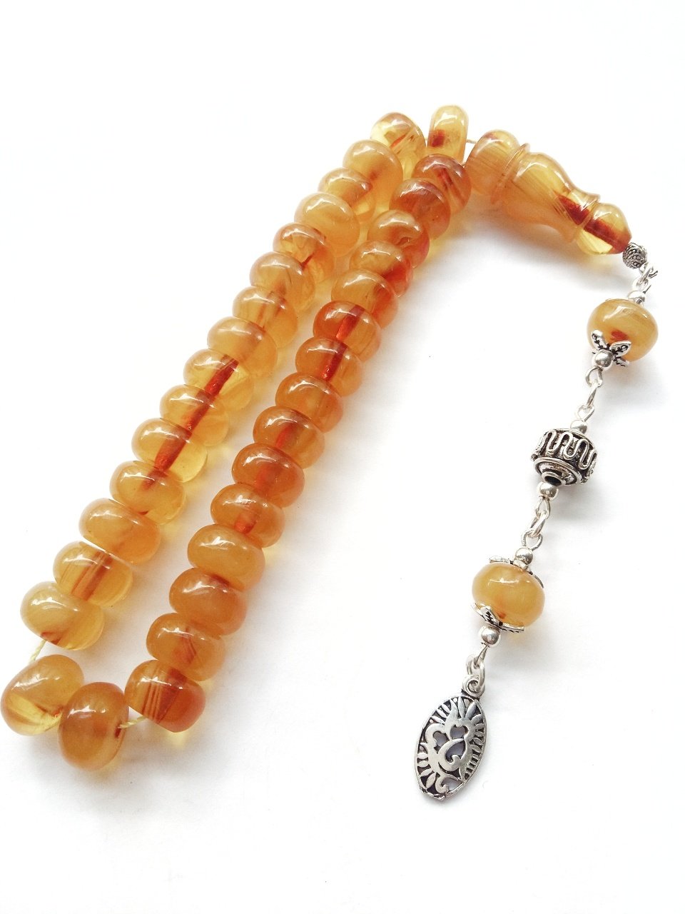 925 Ayar Gümüş Püsküllü Hareli Sıkma Kehribar Tesbih