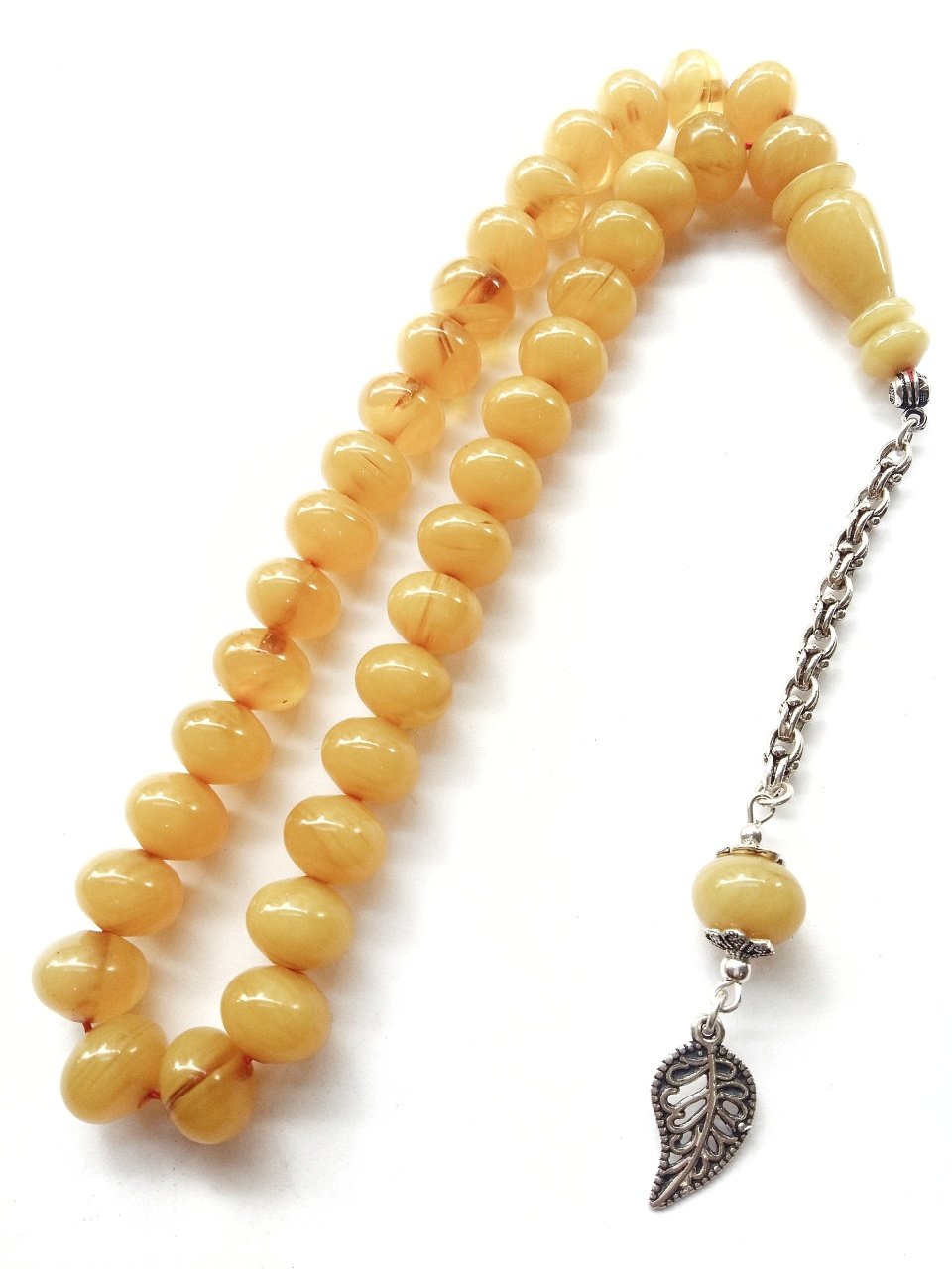 925 Ayar Gümüş Püsküllü Yoğun Hareli Sıkma Kehribar Tesbih