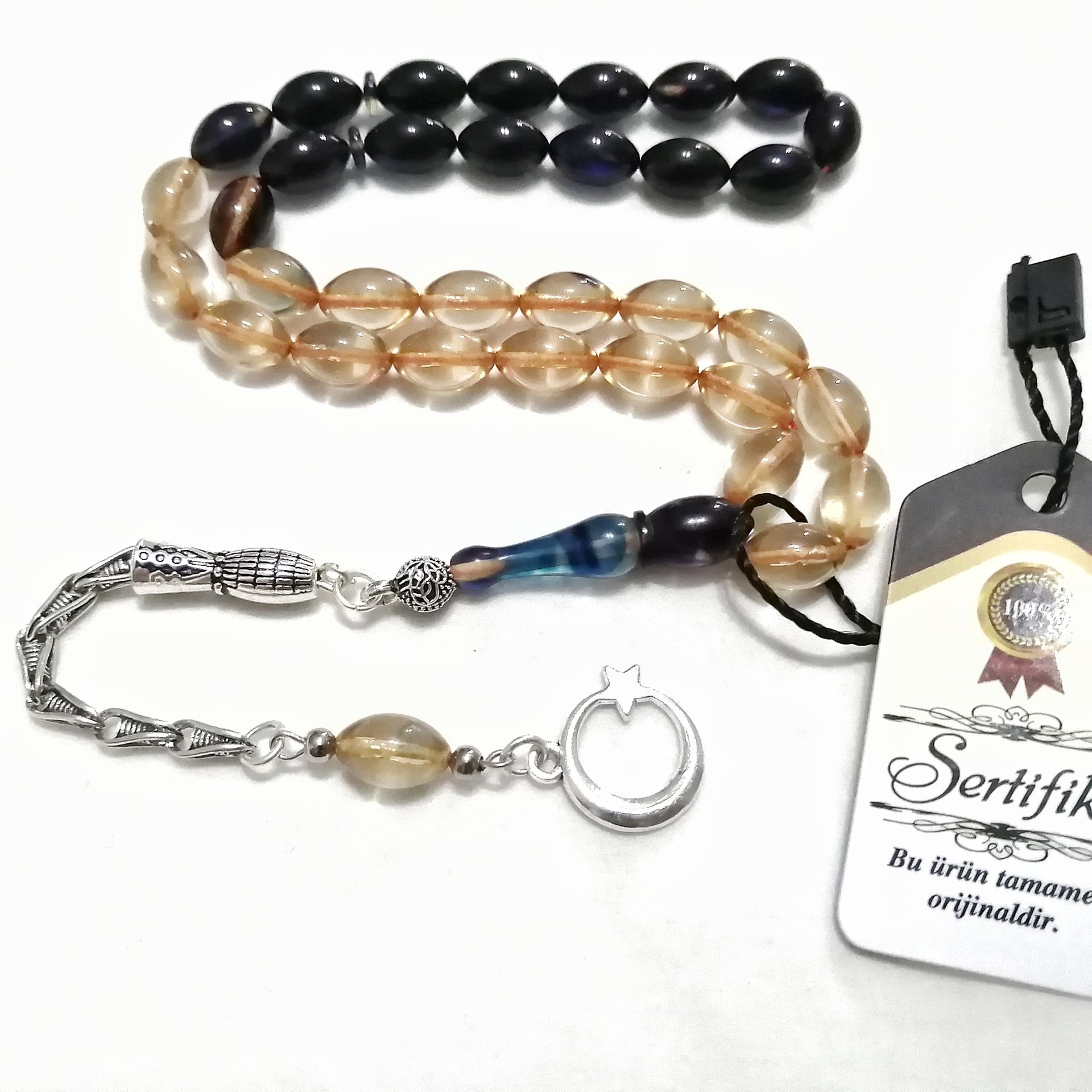 Alpaka Püsküllü Beyzi Kesim Sıkma Kehribar Tesbih