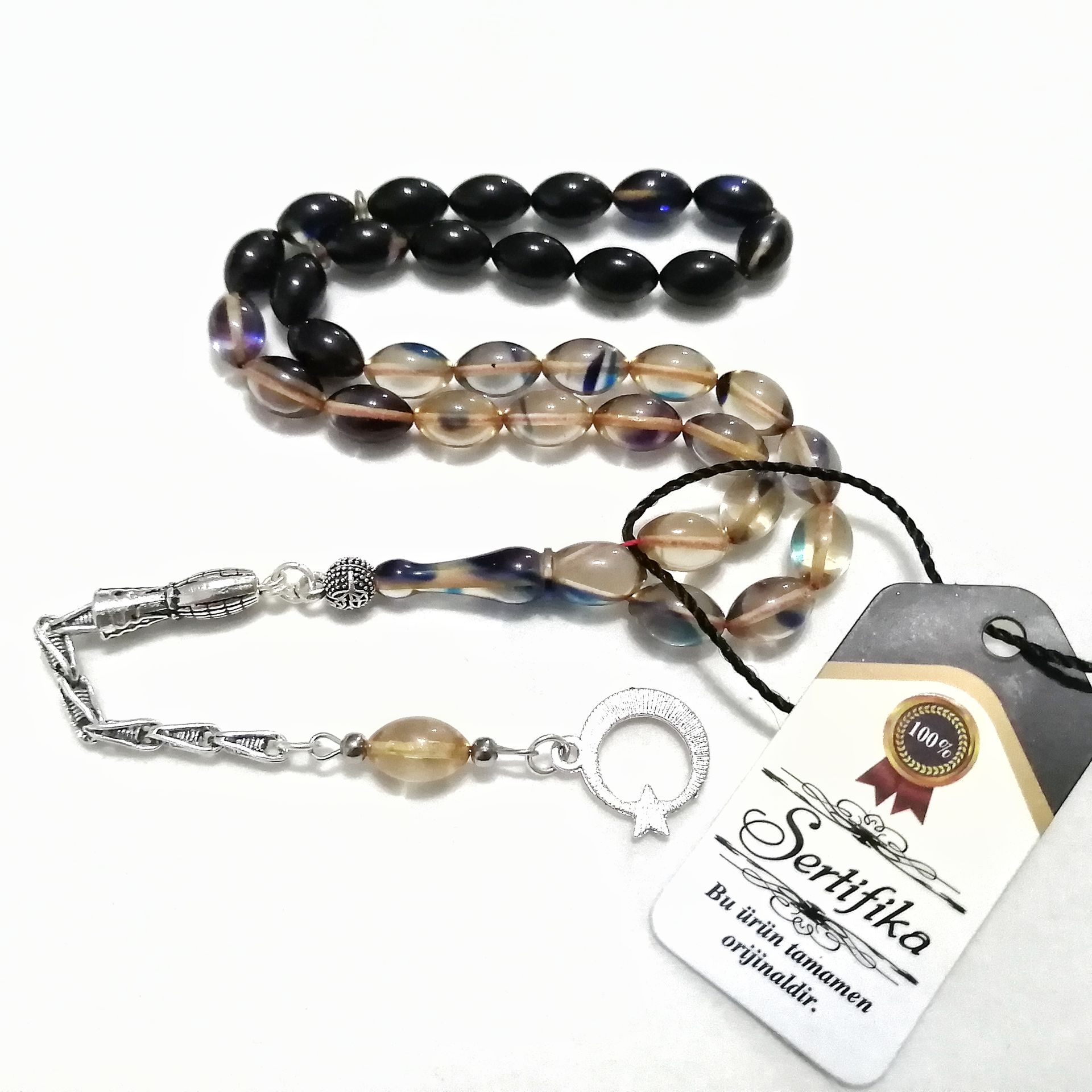 Alpaka Püsküllü Beyzi Kesim Sıkma Kehribar Tesbih