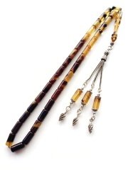 925 Ayar Gümüş Püsküllü Hareli Kesme Model Ateş Kehribar Tesbih