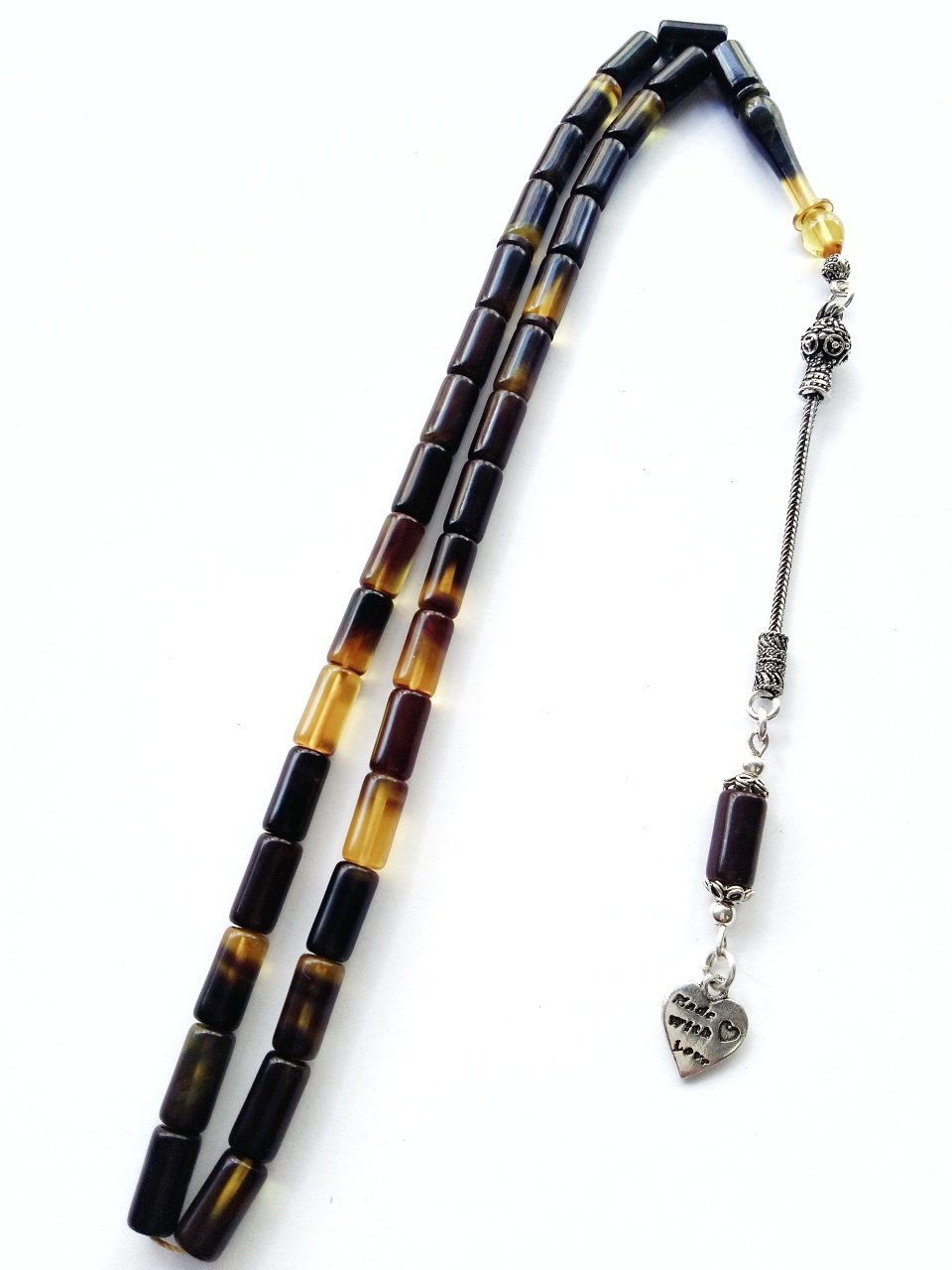 Imamesi Özel Yapım 925 Ayar Gümüş Püsküllü Hareli Kesme Model Ateş Kehribar Tesbih