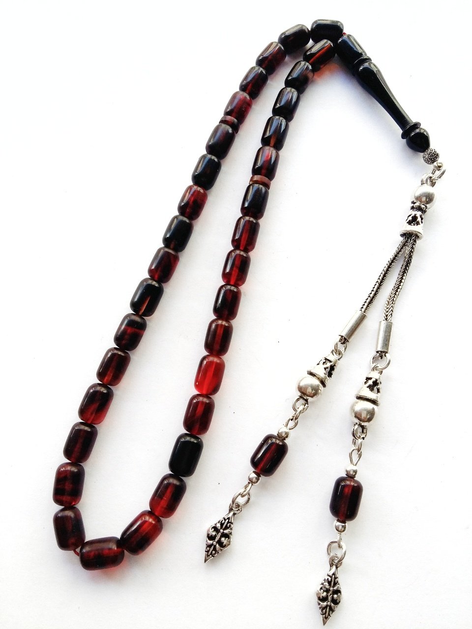 925 Ayar Gümüş Püsküllü Özel Tasarım Hareli Ateş Kehribar Tesbih