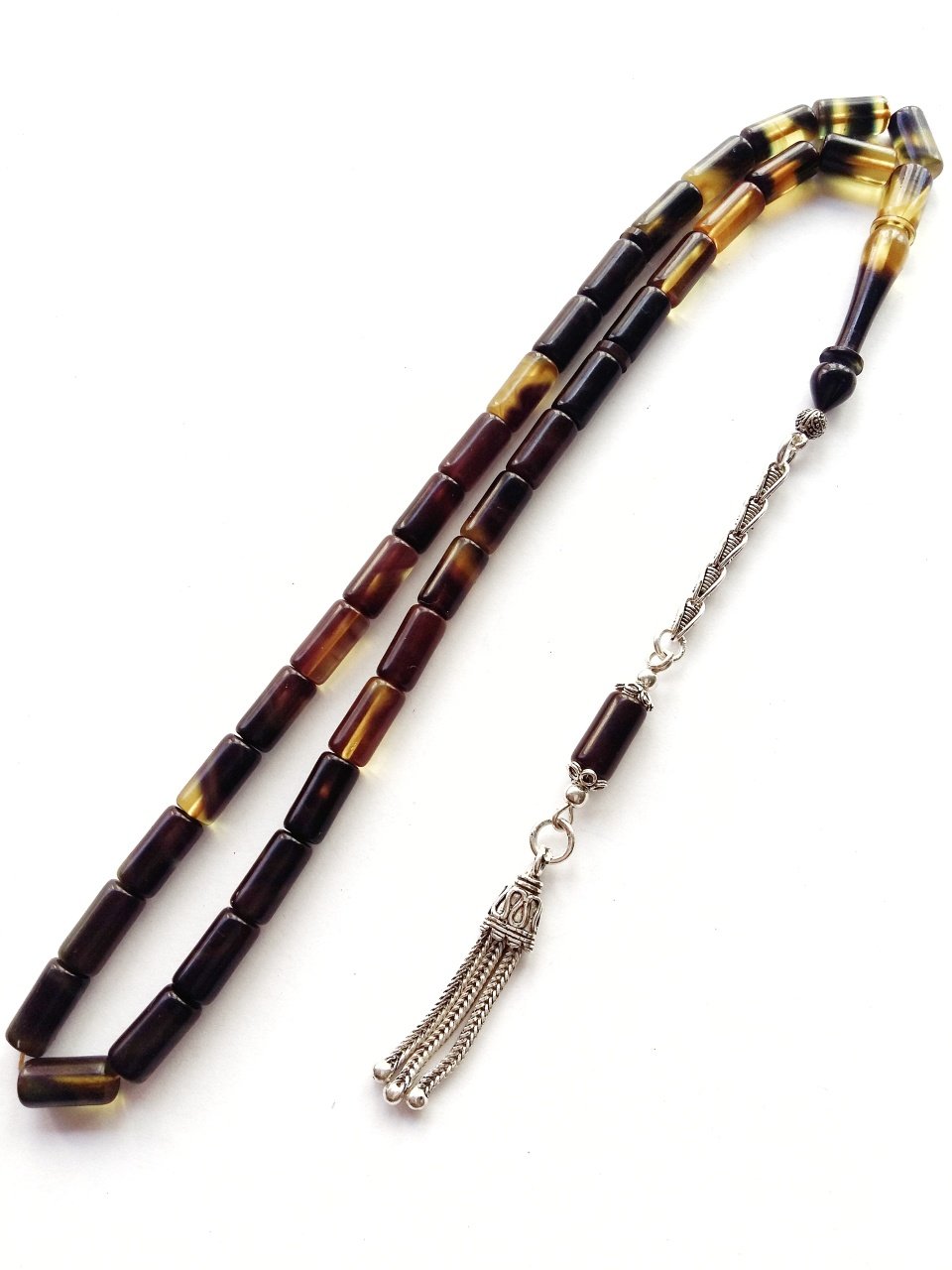 Hareli 925 Ayar Gümüş Püsküllü Kesme Model Ateş Kehribar Tesbih