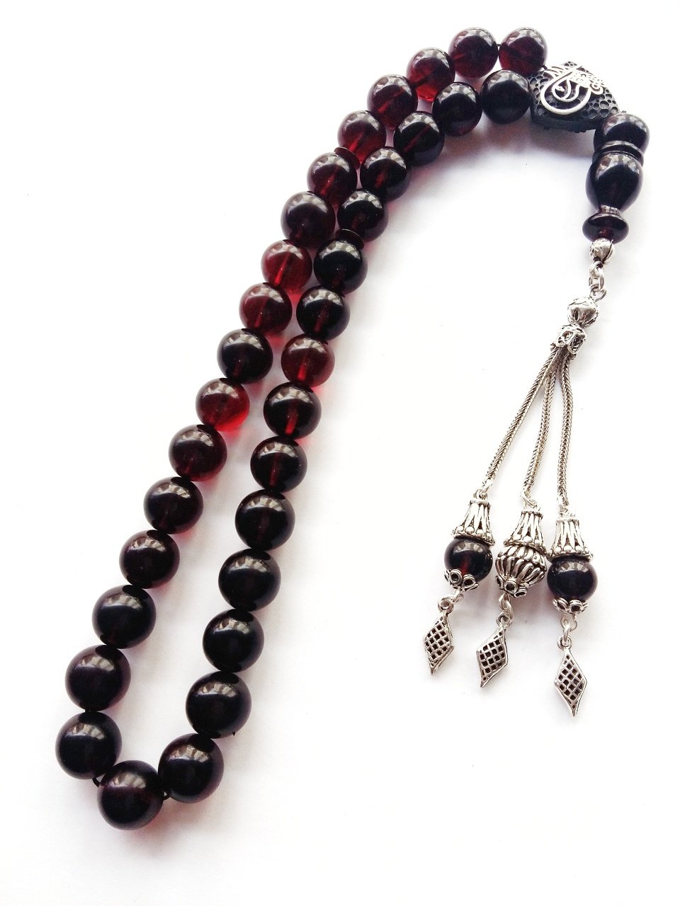 925 Ayar Gümüş Püsküllü Özel Tasarım Kırmızı Yansımalı Ateş Kehribar Tesbih