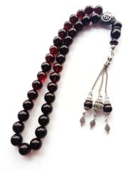 925 Ayar Gümüş Püsküllü Özel Tasarım Kırmızı Yansımalı Ateş Kehribar Tesbih