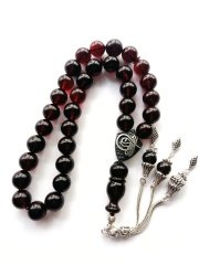 925 Ayar Gümüş Püsküllü Özel Tasarım Kırmızı Yansımalı Ateş Kehribar Tesbih