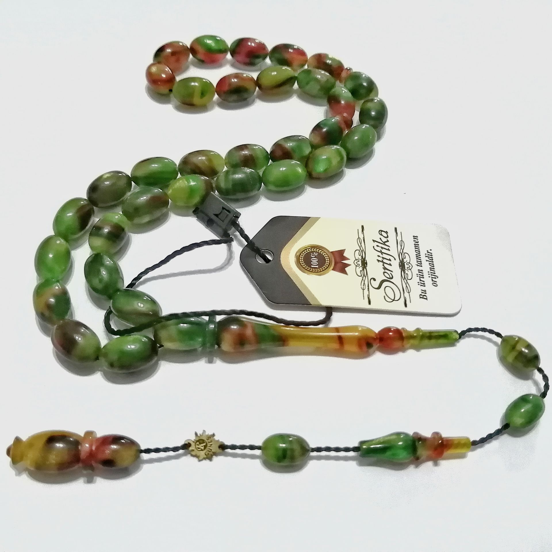 Sistem Püsküllü 06 Delim İmzalı Hatasız Hareli Badem Kesim Sıkma Kehribar Tesbih