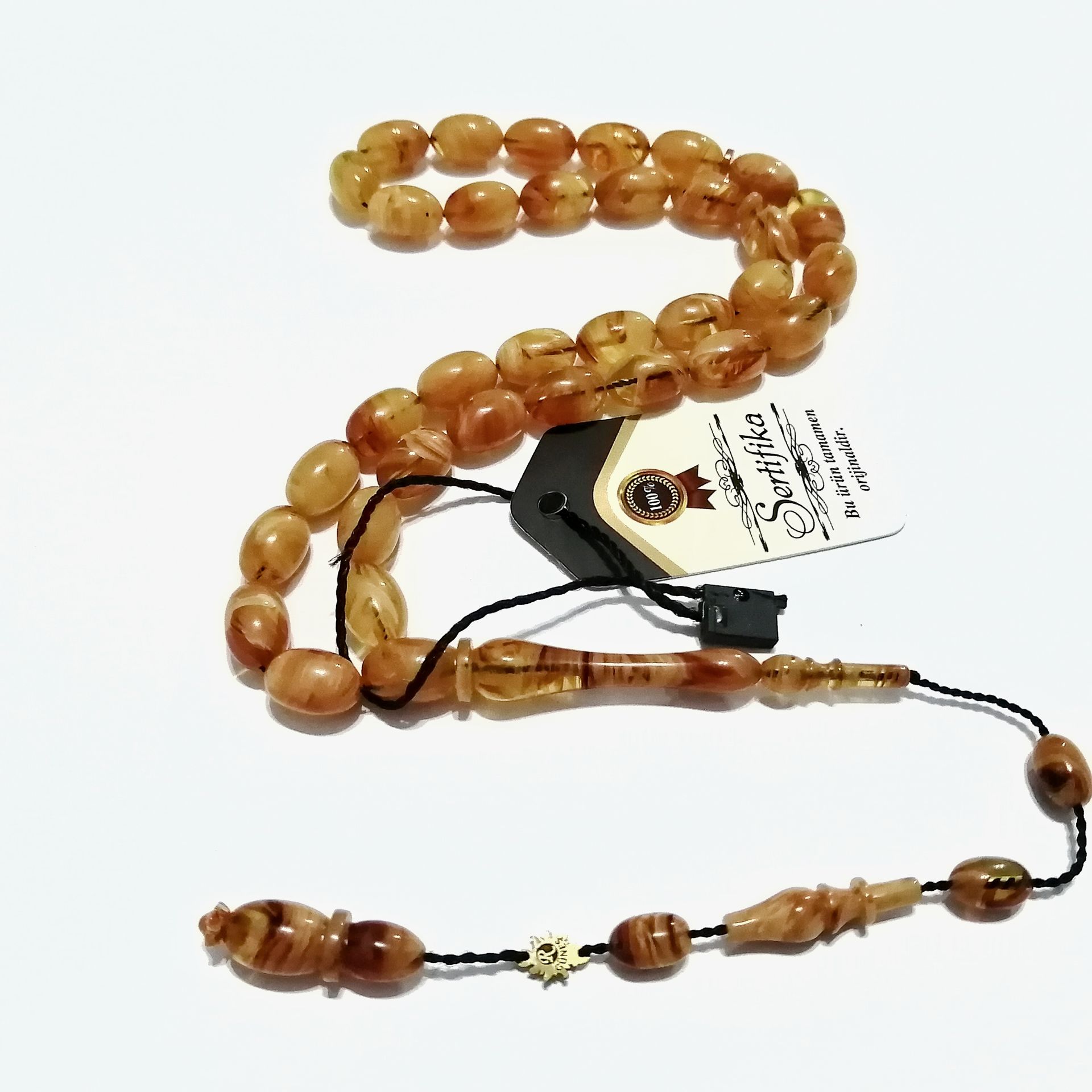 Sistem Püsküllü 06 Delim İmzalı Hatasız Hareli Badem Kesim Sıkma Kehribar Tesbih