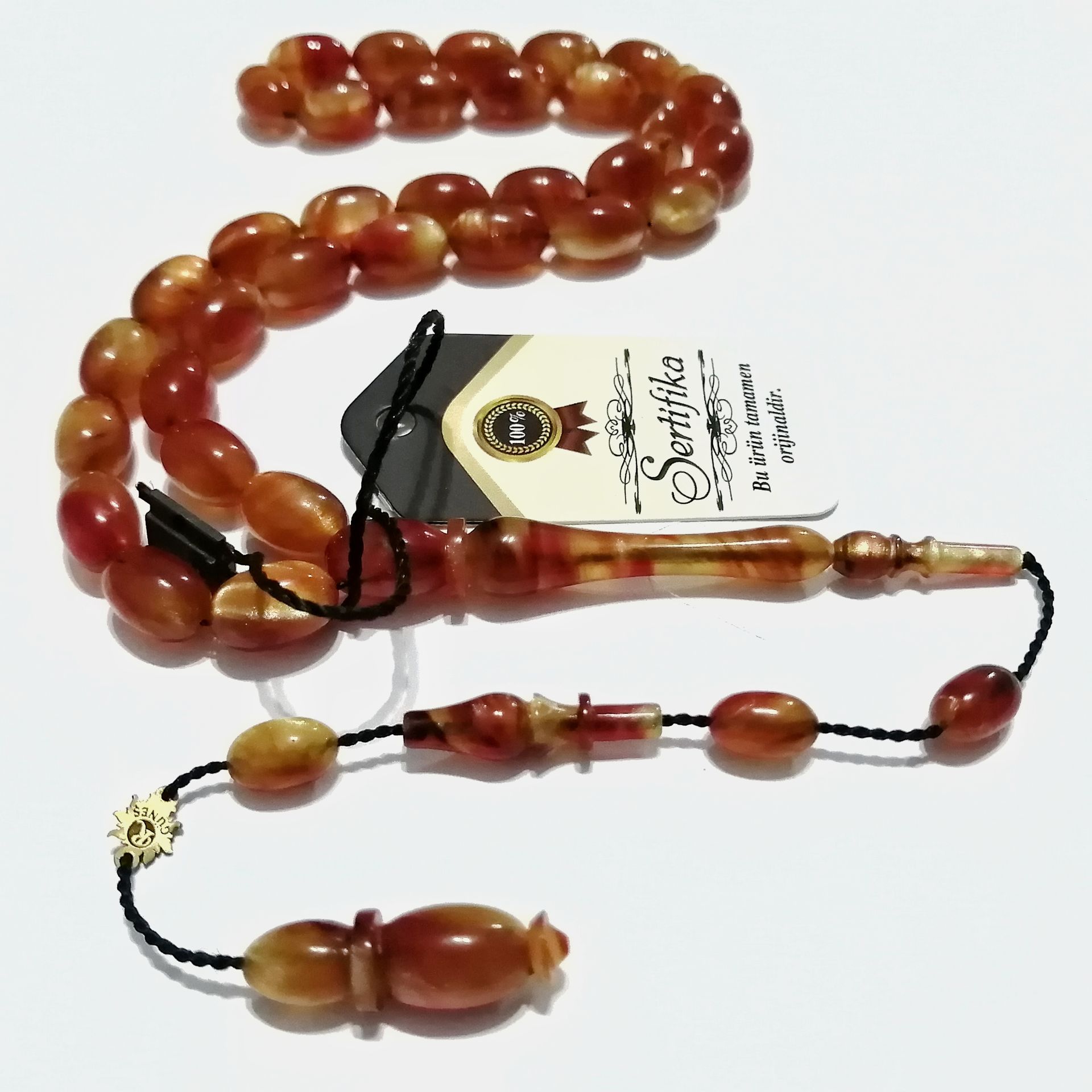 Sistem Püsküllü 06 Delim İmzalı Hatasız Hareli Badem Kesim Sıkma Kehribar Tesbih