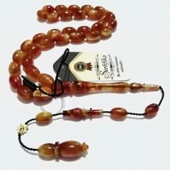 Sistem Püsküllü 06 Delim İmzalı Hatasız Hareli Badem Kesim Sıkma Kehribar Tesbih