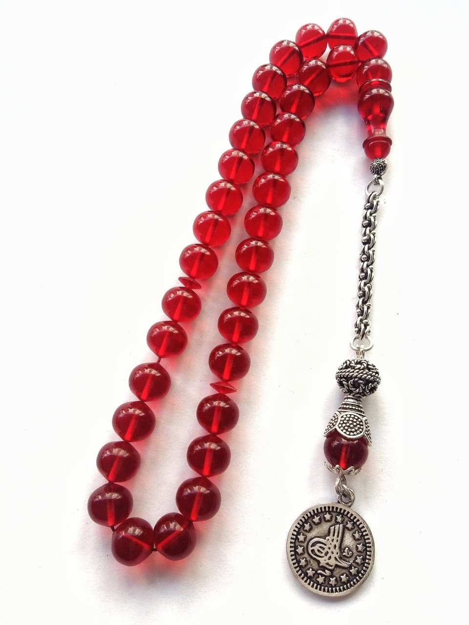 925 Ayar Gümüş Püsküllü Özel İşçilikli Ateş Kehribar Tesbih