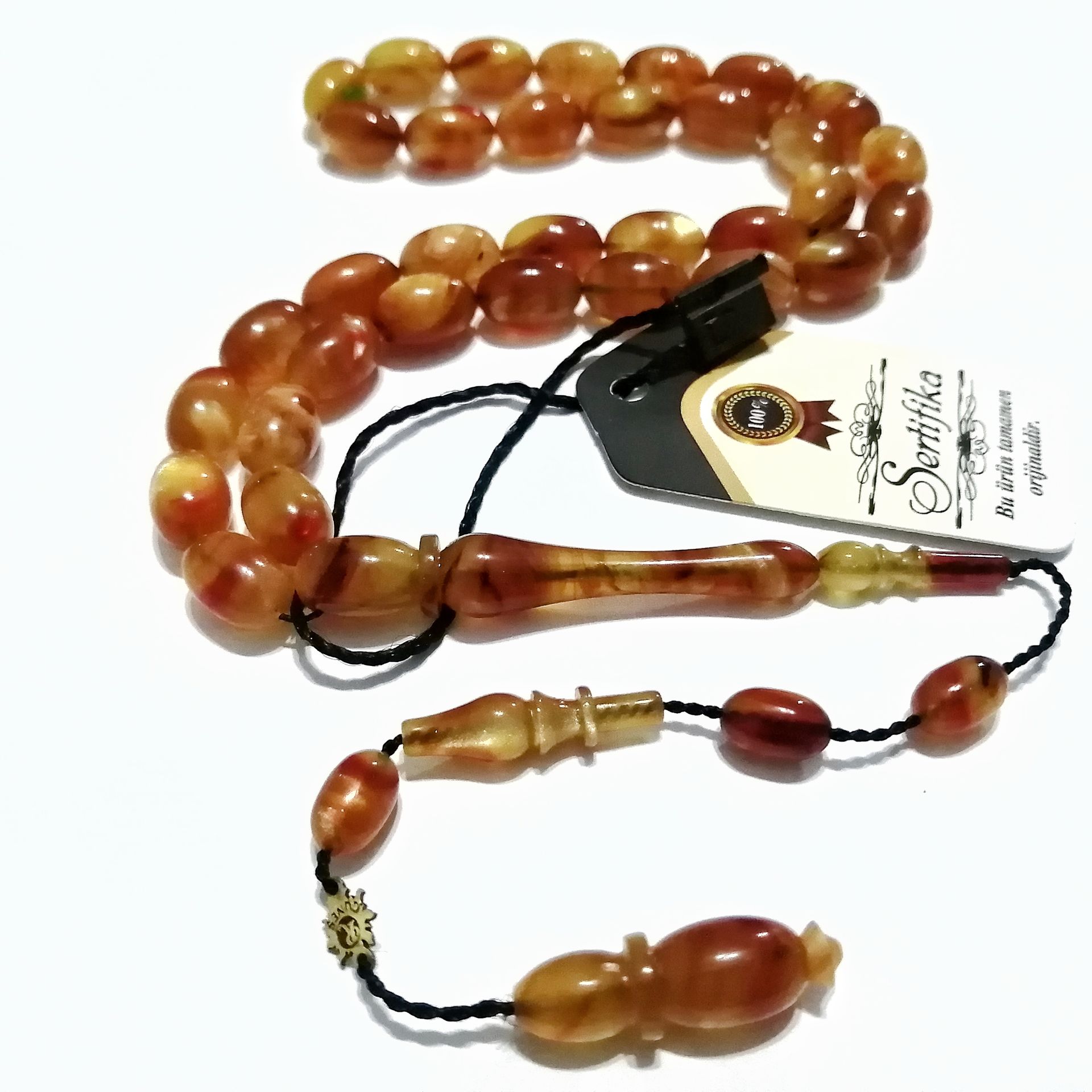 Sistem Püsküllü 06 Delim İmzalı Hatasız Hareli Badem Kesim Sıkma Kehribar Tesbih