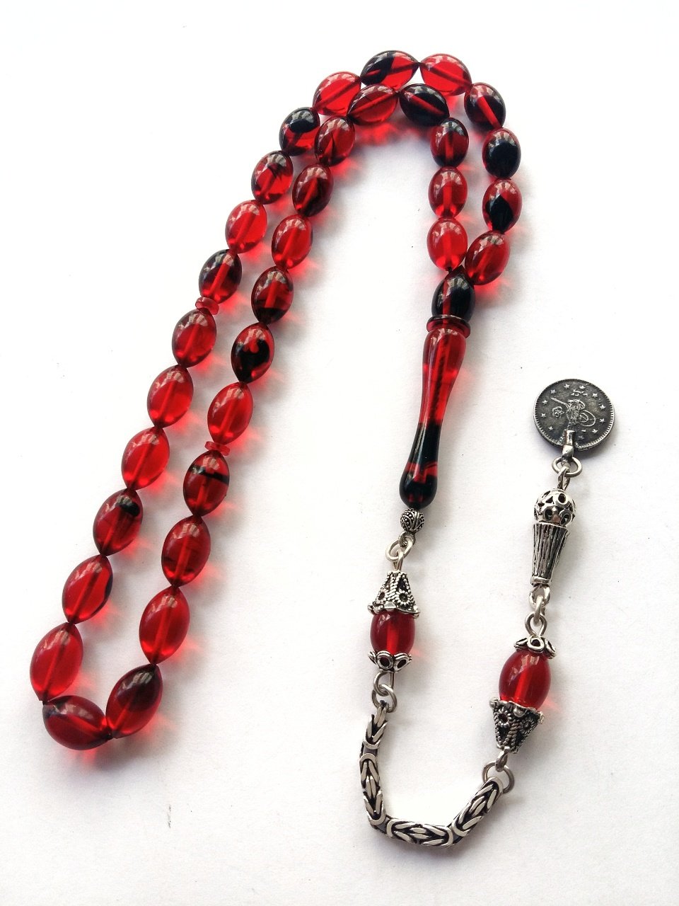 925 Ayar Gümüş Püsküllü Hareli Ateş Kehribar